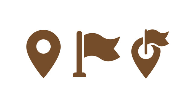 Set of location marker and flag icons with location navigation destination interface position geography waypoint orientation