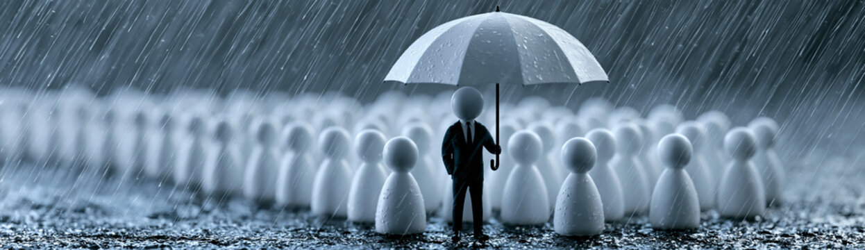 A figure in a suit stands confidently under an umbrella amid a crowd of rain-soaked figures, symbolizing leadership and protection during adversity in a storm.