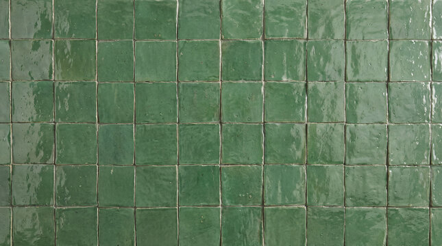 Glossy green zellige tile wall seen straight on