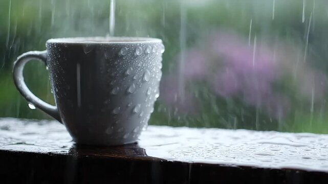 White coffee mug on wooden windowsill during heavy rainstorm