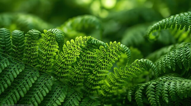 Vibrant green fern fronds with visible dark brown sori spore patterns on the underside of the leaflets, close-up botanical nature