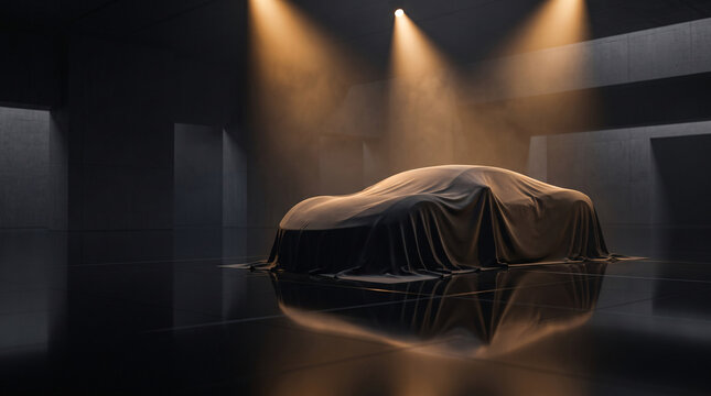Voiture concept recouverte d&rsquo;une housse dans un showroom sombre &eacute;clair&eacute; par des projecteurs