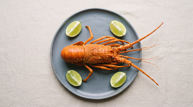 Homard cuit avec pinces et quartiers de citron vert sur une assiette grise
