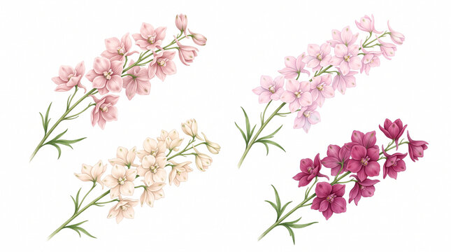 Illustration botanique de branches de delphinium roses, blanches et violettes