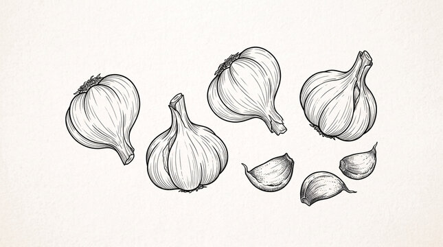 Illustration au trait de bulbes et gousses d&rsquo;ail sur fond clair
