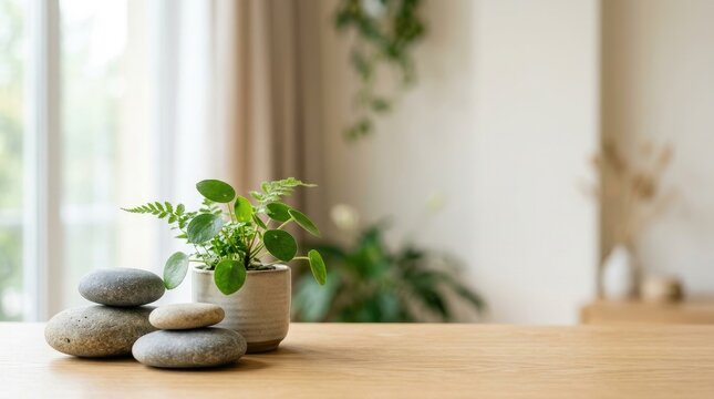 A small potted plant sits on a wooden table next to a stack of smooth river stones. A window with sheer curtains provides a blurred, natural background.