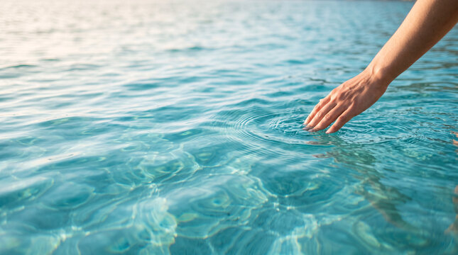 Main tendue au-dessus d&rsquo;une eau turquoise avec l&eacute;g&egrave;res ondulations