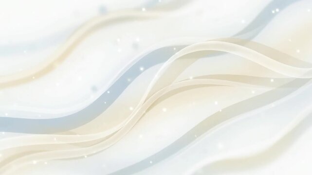 A serene and elegant abstract background featuring soft, flowing wavy lines with delicate gradients in light blue, beige, and white. Enhanced with subtle sparkling light particles, this modern desi...
