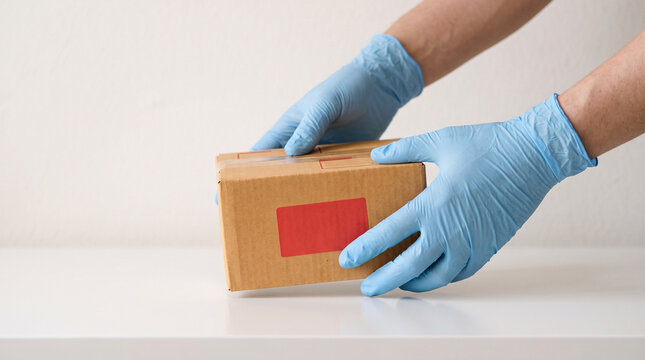 Mains avec gants bleus posant une bo&icirc;te en carton sur une surface blanche