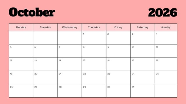 October 2026 Calendar Page - Pink Background with Bold Black Text