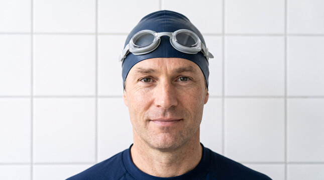 Portrait frontal d&rsquo;un homme avec bonnet et lunettes de natation