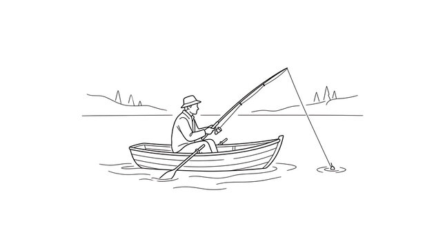 Minimal line art drawing of a fisherman sitting in a rowboat with fisherman recreation isolated activity