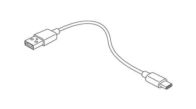 Black and white line art illustration of a usb cable connector with connector electronic connection technology