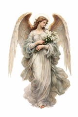Fototapeta premium Serene angel holding white flowers.