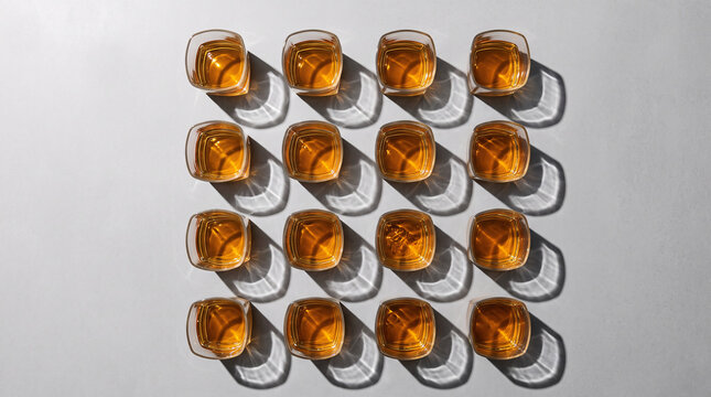 Seize verres de whisky dispos&eacute;s en grille vus du dessus