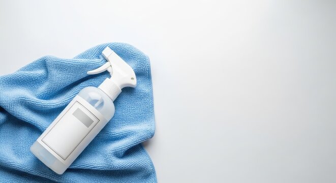 A white spray bottle sits next to a blue microfiber cloth on a white surface. The spray bottle is empty and has a blank label.