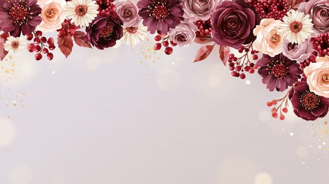Watercolor floral header with dark burgundy and soft pink roses, berries, and green leaves, light purple background, botanical frame