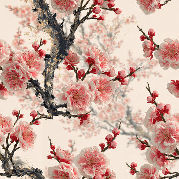 Seamless pattern of plum blossom branches in an ink painting style on cream, for fabric, stationery and packaging prints
