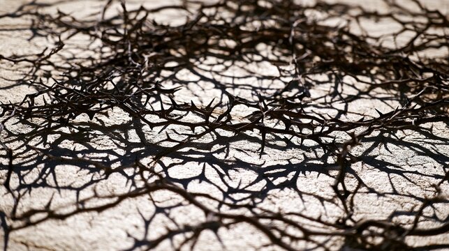entanglement. Close-up of intertwined thorny branches on dry soil. gardening catalogs, home-decor guides, botanical posters, designed for gardening and botanical catalogs, used by chefs.