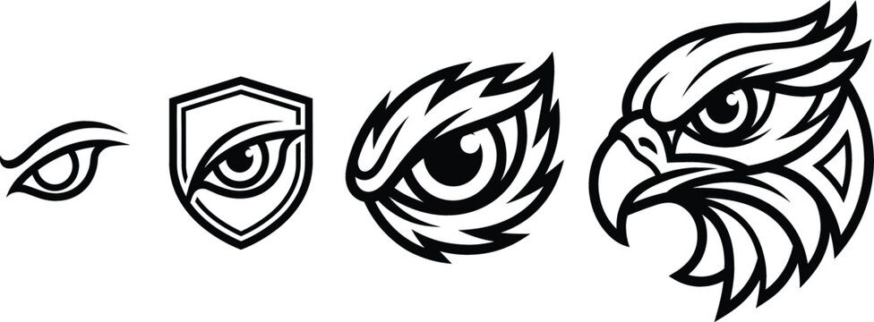Minimalist black and white eagle head and eye logo design variations for sports mascots