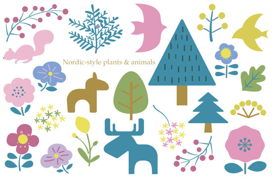 北欧風のカラフルな植物と動物シルエットイラスト