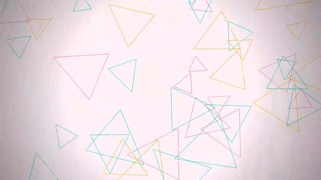 Abstract animation of colorful geometric triangles floating on a textured white background.