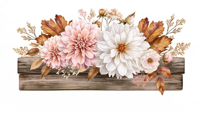 Watercolor of pink and white dahlia flowers with autumn leaves on a rustic wooden plank, isolated on a white background, floral