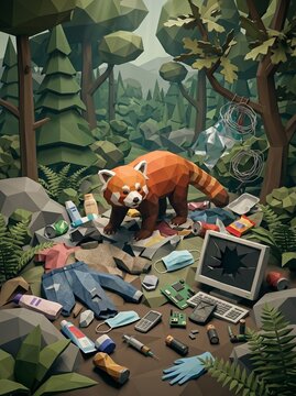 Low poly red panda standing in a forest surrounded by human trash and electronic waste.