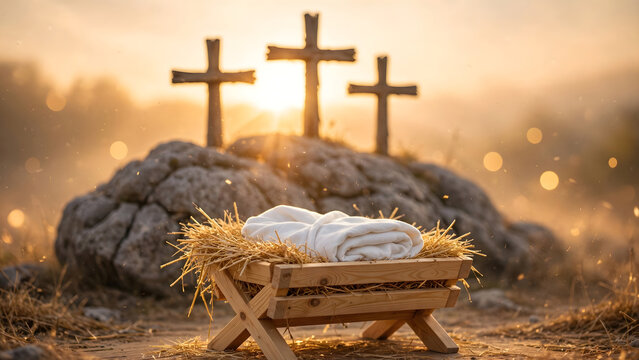 Empty manger and three crosses glow in golden sunrise light, symbolizing birth and salvation of Jesus Christ