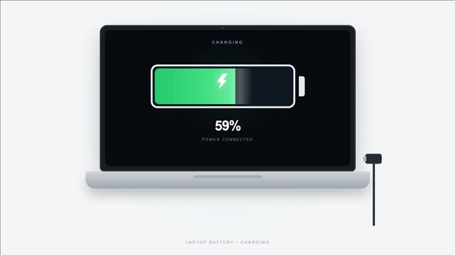 Laptop Battery Charging Animation from 0 to 100 Percent on White Background, Clean Minimalist Notebook Battery Level Indicator, Charging Progress, Power and Energy Concept
