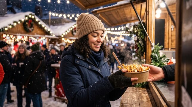 Woman enjoys poutine at a festive winter market with falling snow