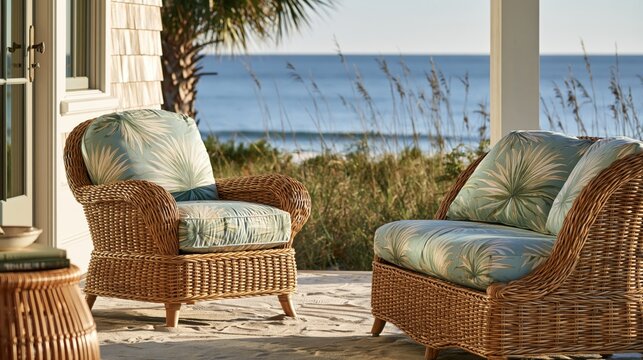 Wicker armchairs with light blue palm print cushions on a sandy patio overlooking the blue ocean and green coastal dune grass under sunlight