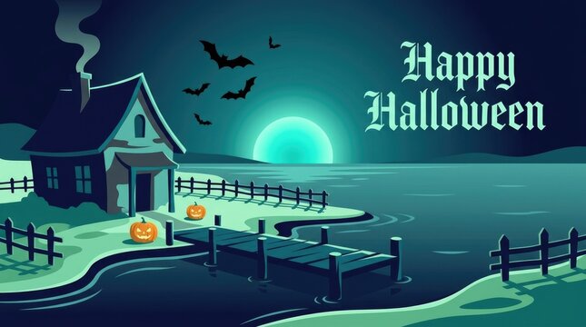 Happy Halloween scene with haunted house and jack o lanterns