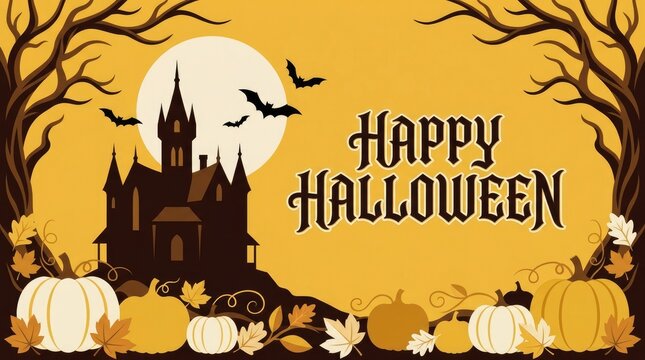 Happy Halloween illustration with haunted castle and pumpkins