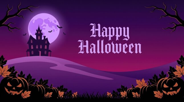Happy Halloween greeting with haunted castle and moon