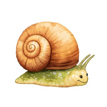 Cute Garden Snail with Rounded Brown Spiral Shell Watercolor Illustration Isolated on White Background