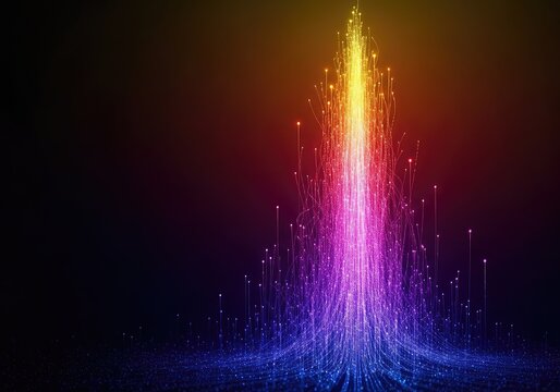 Dynamic abstract composition of vibrant energy streaks ascending from darkness, symbolizing the emergence of creative ideas and innovation, deep, dynamic, inspiration