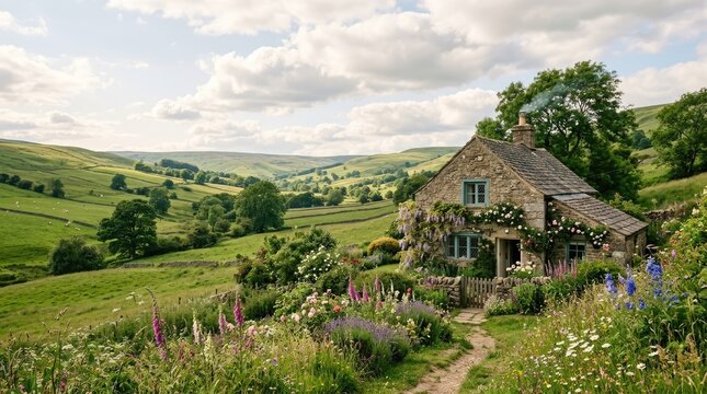 A charming stone cottage nestles amidst a picturesque valley. Wildflowers bloom profusely around the cottage, creating a vibrant border.