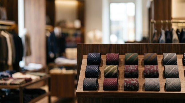 A well-lit retail store displays a selection of ties and socks on a wooden shelf. The background shows a luxurious interior with racks of clothing and a large window.