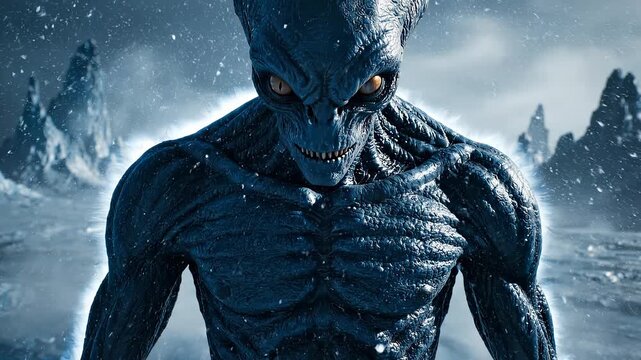 Humanoid Alien Standing on Desolate Frozen Planet Surface