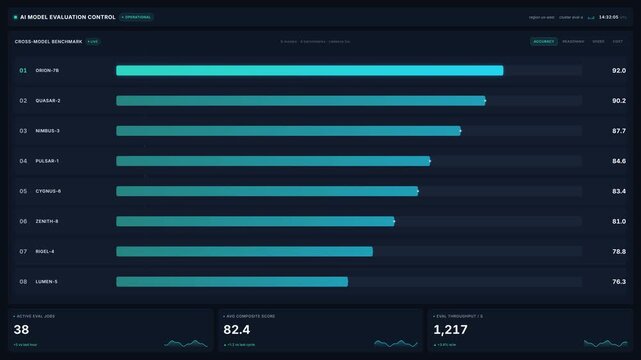 Animated 4k dark ai model evaluation dashboard with cross-model benchmark bars, live reasoning cost leaderboards, for quality control performance review