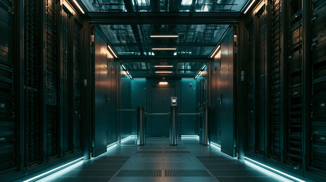 Data hall entry airlock with security gates between rows of server cabinets, with a shallow depth of field