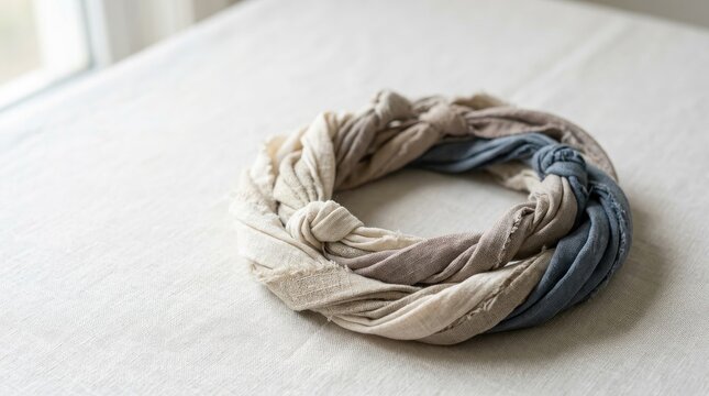 A loosely knotted scarf rests on a white linen surface. The scarf is made of a textured fabric with a gradient of beige, gray, and blue hues.