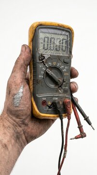 Dirty hand holding a digital multimeter for electrical testing and repair work.
