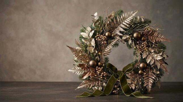 A luxurious Christmas wreath sits on a dark wooden table. The wreath features a base of evergreen foliage, accented with ferns, metallic gold berries, and velvet ribbon.