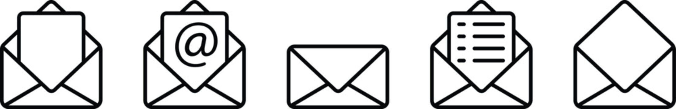 Mail or email icon set. Envelope symbol with letter. Open and closed mail. Vector editable stroke and PNG transparent