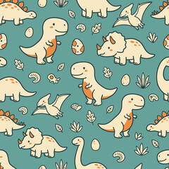 Adorable dinosaur and baby egg teal seamless pattern. © nmorgan