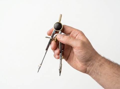 A person holding a vintage metal drafting compass against a plain white background.