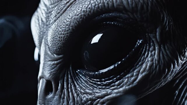 Extraterrestrial alien creature face with smoke in dark background