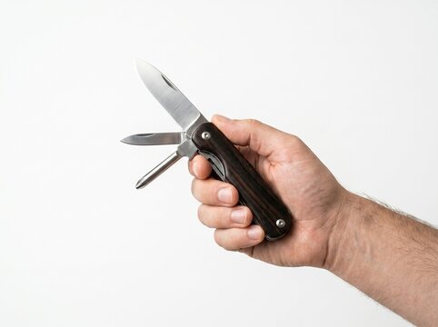 A person holding a small multi tool pocket knife with wooden handle on white background.